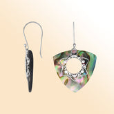 “Sterling silver triangle earrings with natural Abalone Shell – handcrafted Bali jewelry with filigree, shimmering ocean-inspired gift for her”